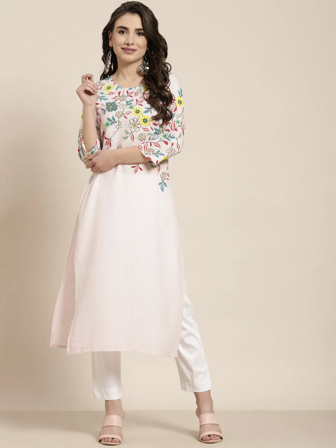 Juniper Pink Floral Printed Rayon Kurta With Sequins & Beads Work