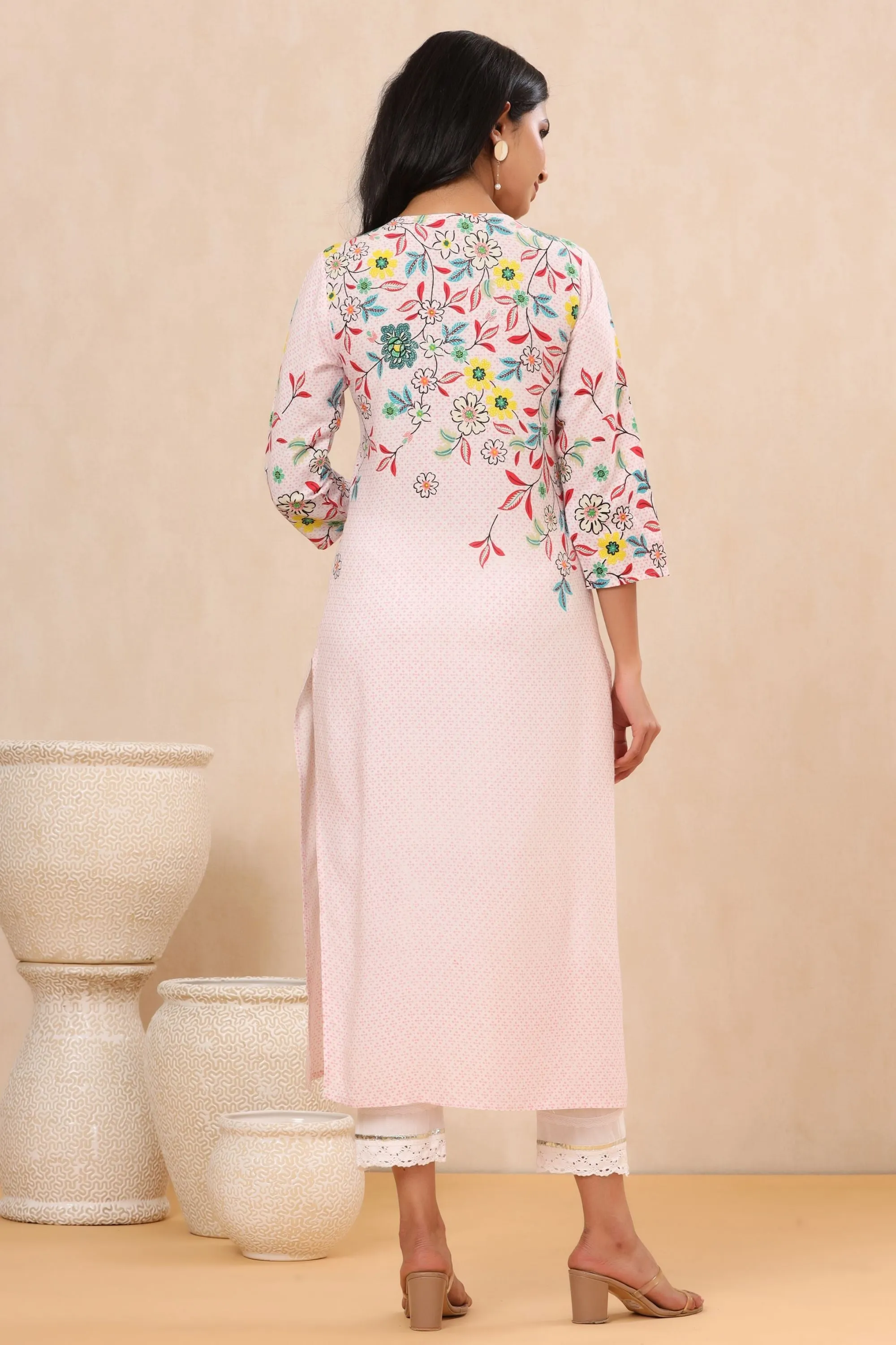 Juniper Pink Floral Printed Rayon Kurta With Sequins & Beads Work