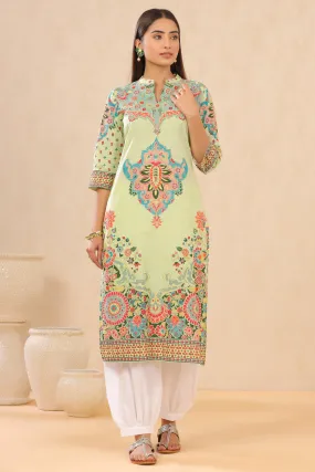 Juniper Pista Green Ethnic Motif Printed Pure Cotton Straight Kurta