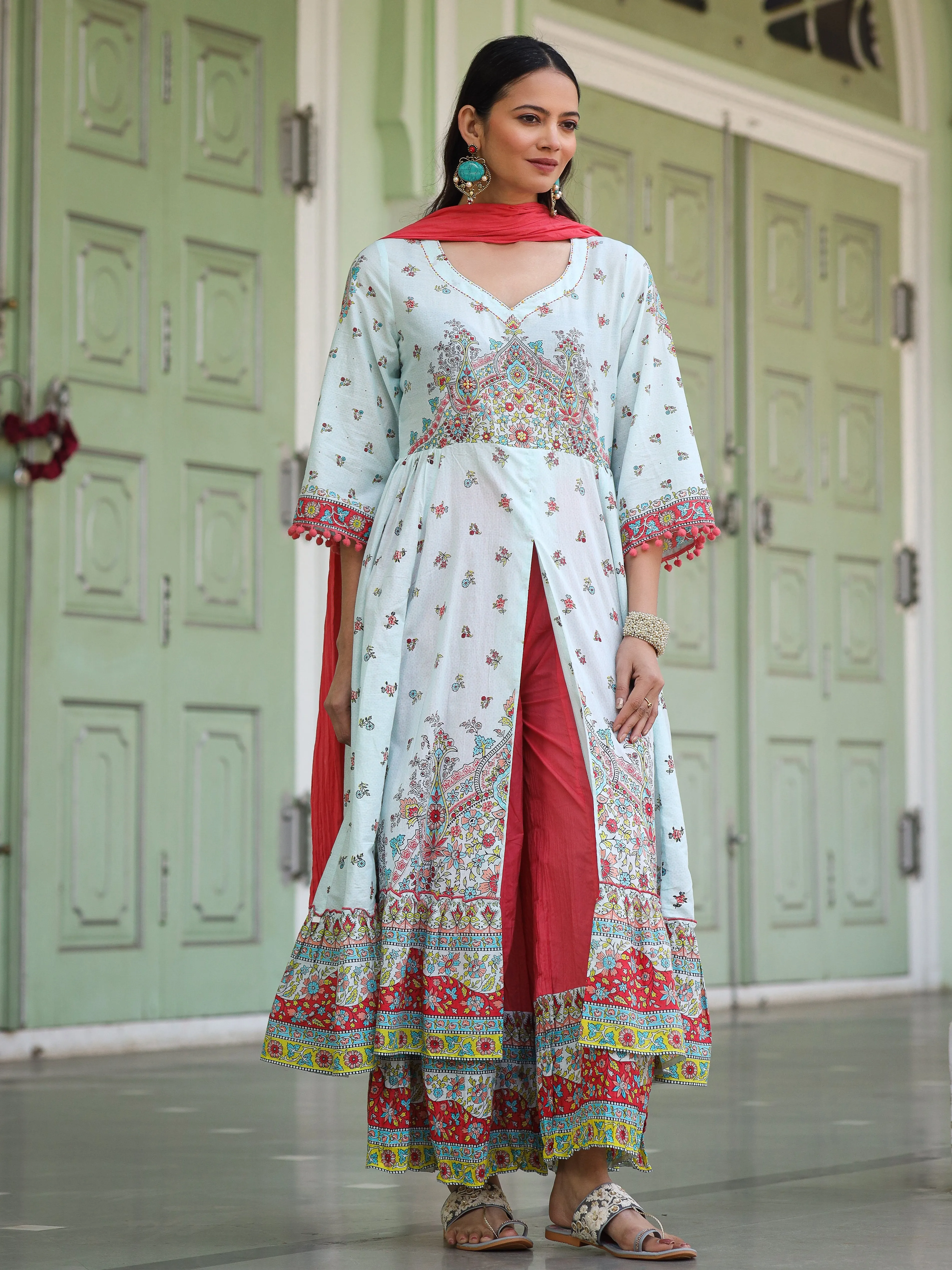 Juniper Sky Blue Cotton Floral Printed Anarkali Kurta With Pants And Dupatta Set With Sequins & Beadwork