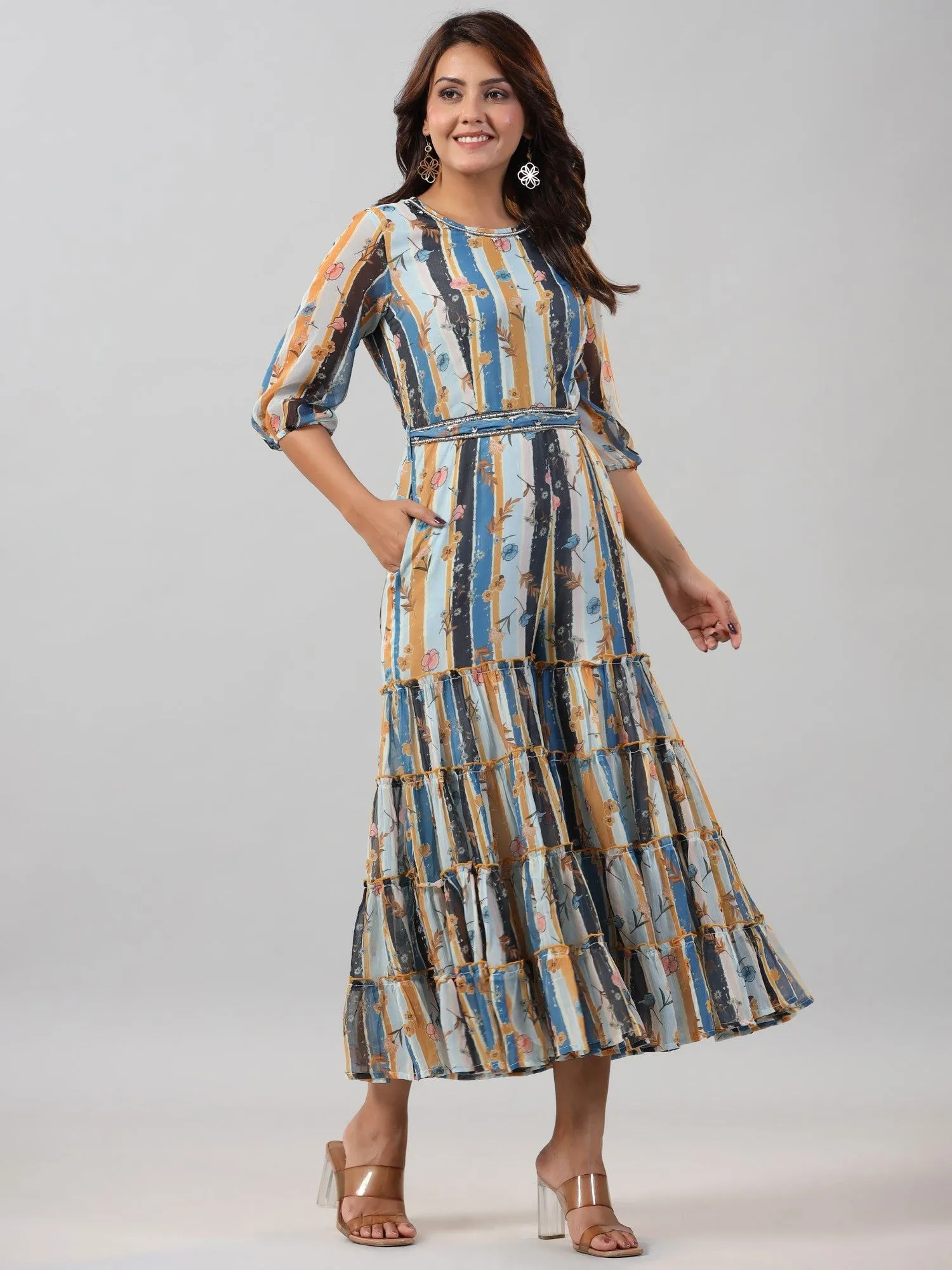 Juniper  Sky blue Floral Printed Chiffon Jumpsuit With Beads & Sequins