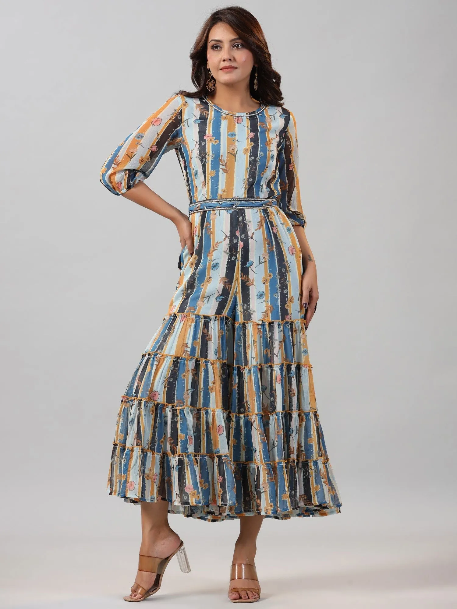 Juniper  Sky blue Floral Printed Chiffon Jumpsuit With Beads & Sequins