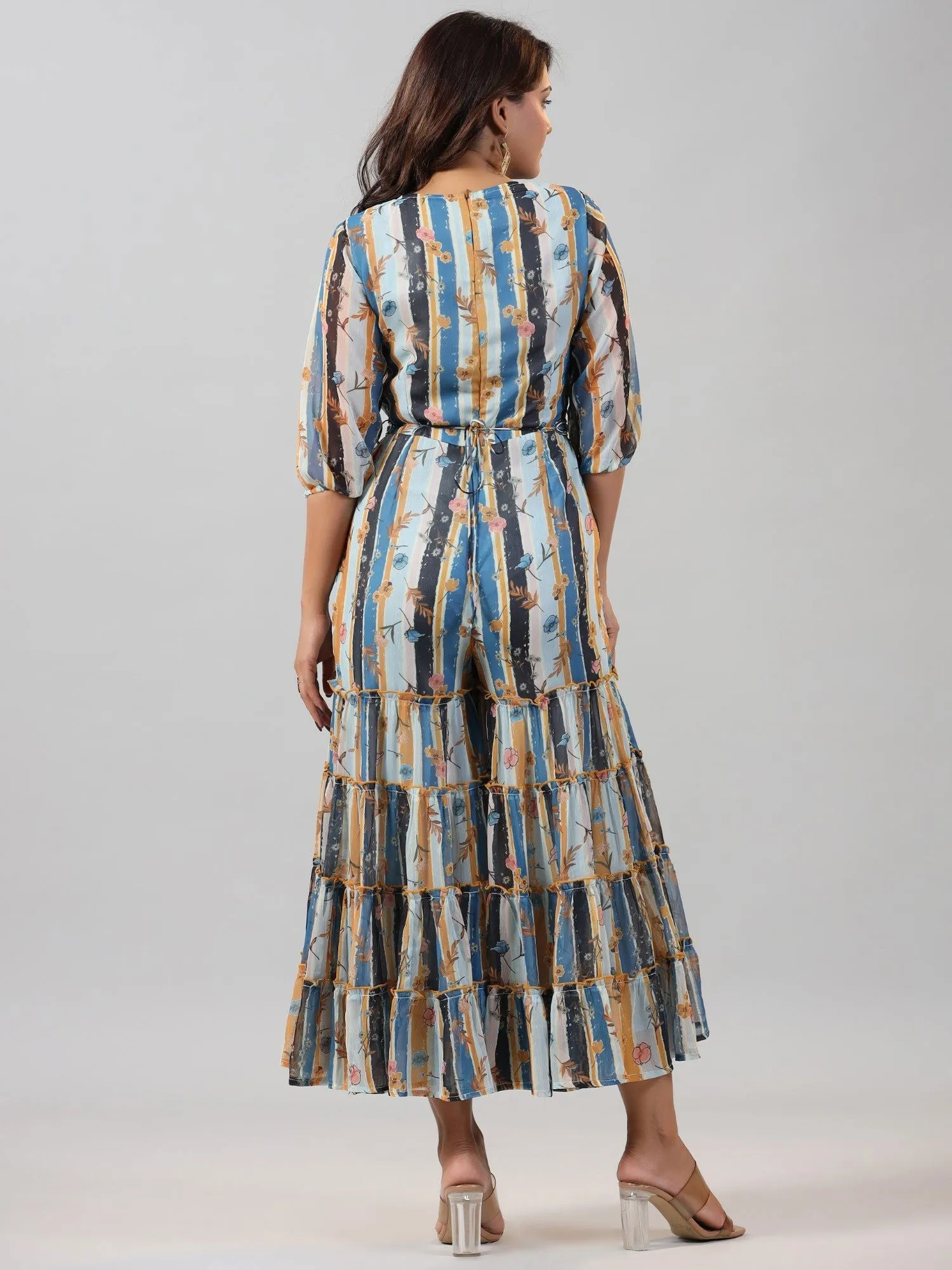 Juniper  Sky blue Floral Printed Chiffon Jumpsuit With Beads & Sequins