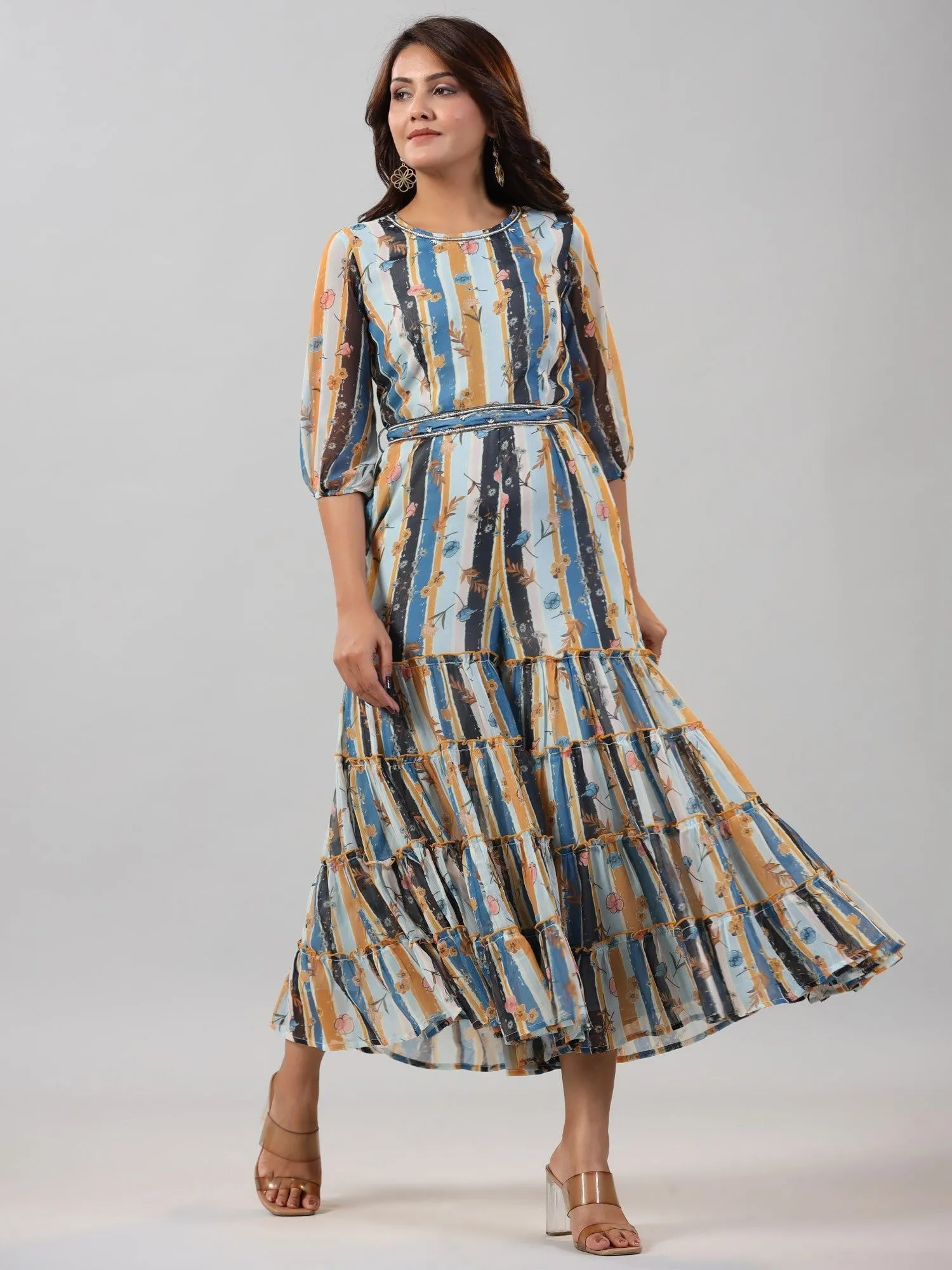 Juniper  Sky blue Floral Printed Chiffon Jumpsuit With Beads & Sequins