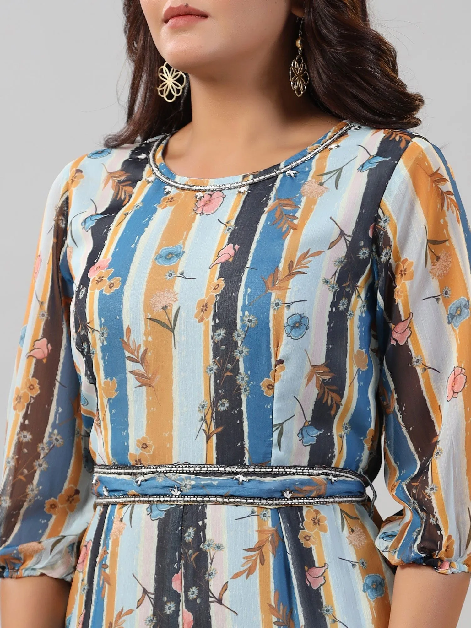 Juniper  Sky blue Floral Printed Chiffon Jumpsuit With Beads & Sequins