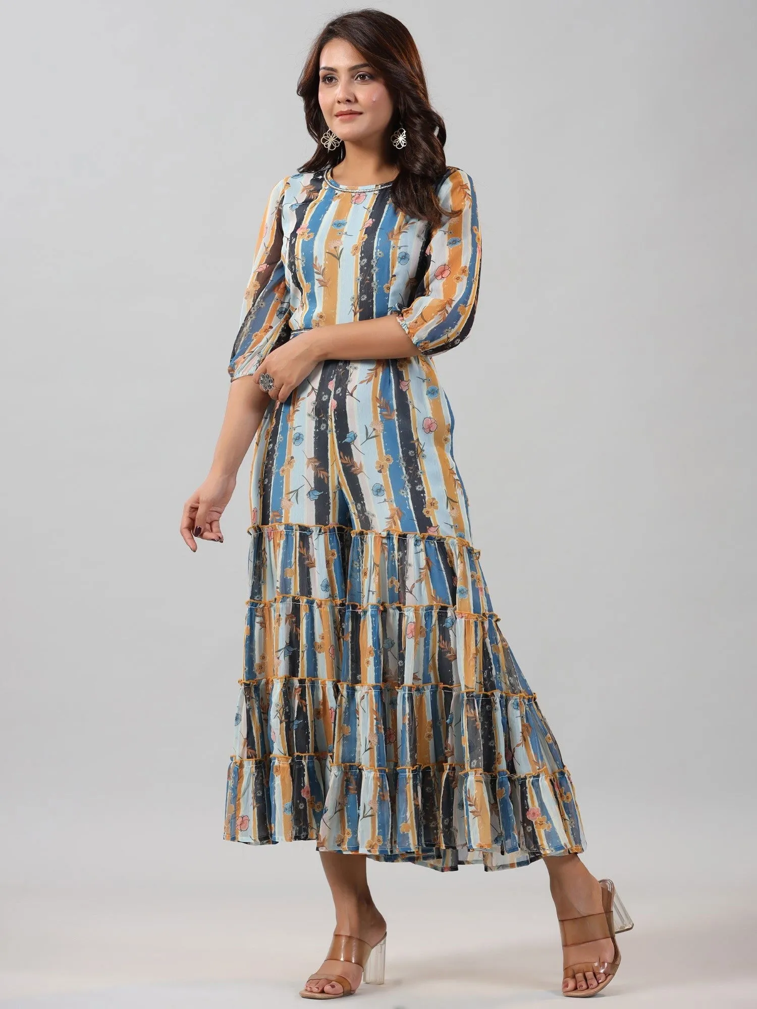 Juniper  Sky blue Floral Printed Chiffon Jumpsuit With Beads & Sequins