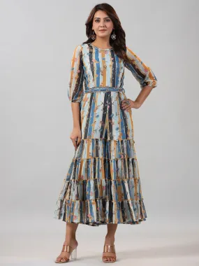 Juniper  Sky blue Floral Printed Chiffon Jumpsuit With Beads & Sequins