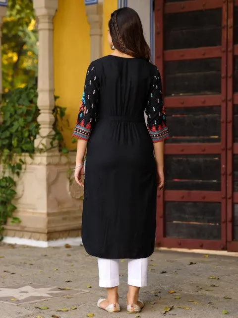 Juniper The Crafted Geometrics Ikat Printed Rayon Kurta With Beads & Sequins