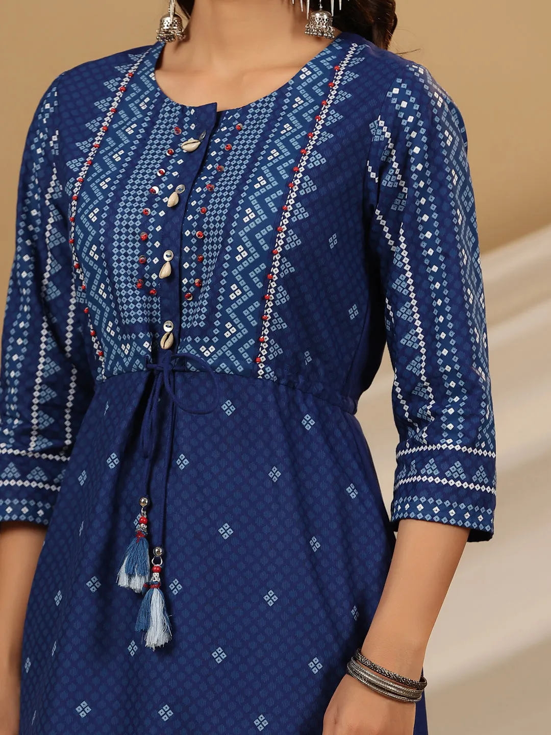 Juniper The Madhubala Women Blue Geometric Printed Rayon Kurta With Contrast Beadwork Sequins & Tassels