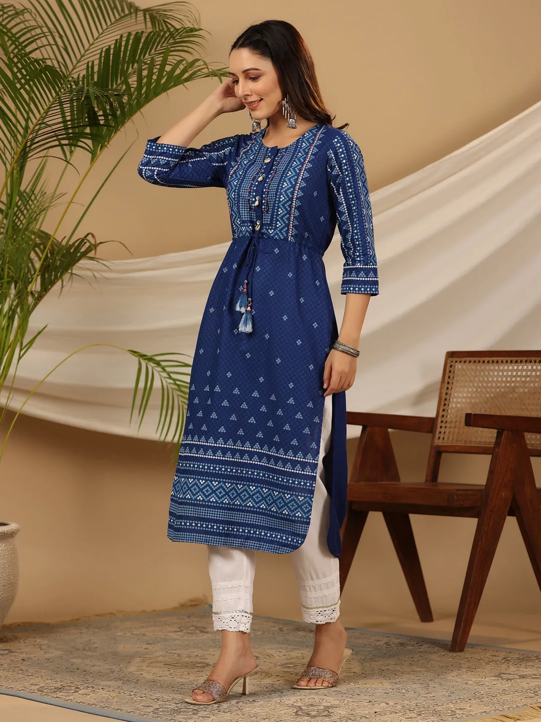 Juniper The Madhubala Women Blue Geometric Printed Rayon Kurta With Contrast Beadwork Sequins & Tassels
