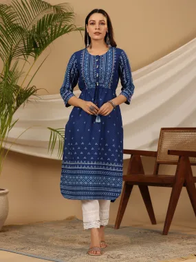 Juniper The Madhubala Women Blue Geometric Printed Rayon Kurta With Contrast Beadwork Sequins & Tassels