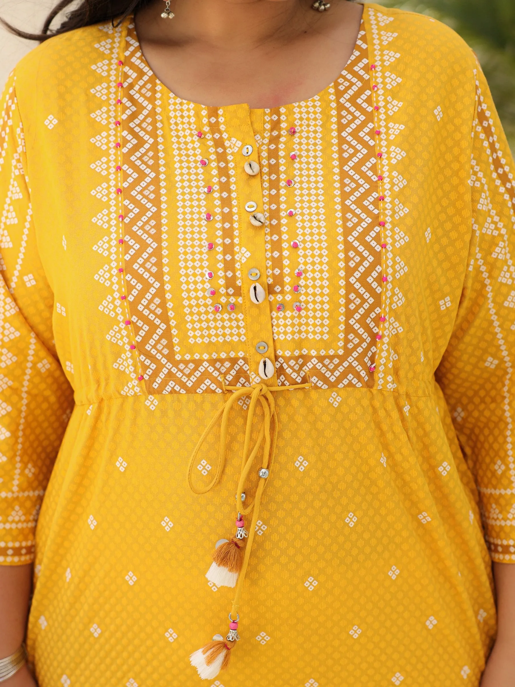 Juniper The Madhubala Women Mustard Geometric Printed Rayon Plus Size Kurta With Contrast Beadwork Sequins & Tassels