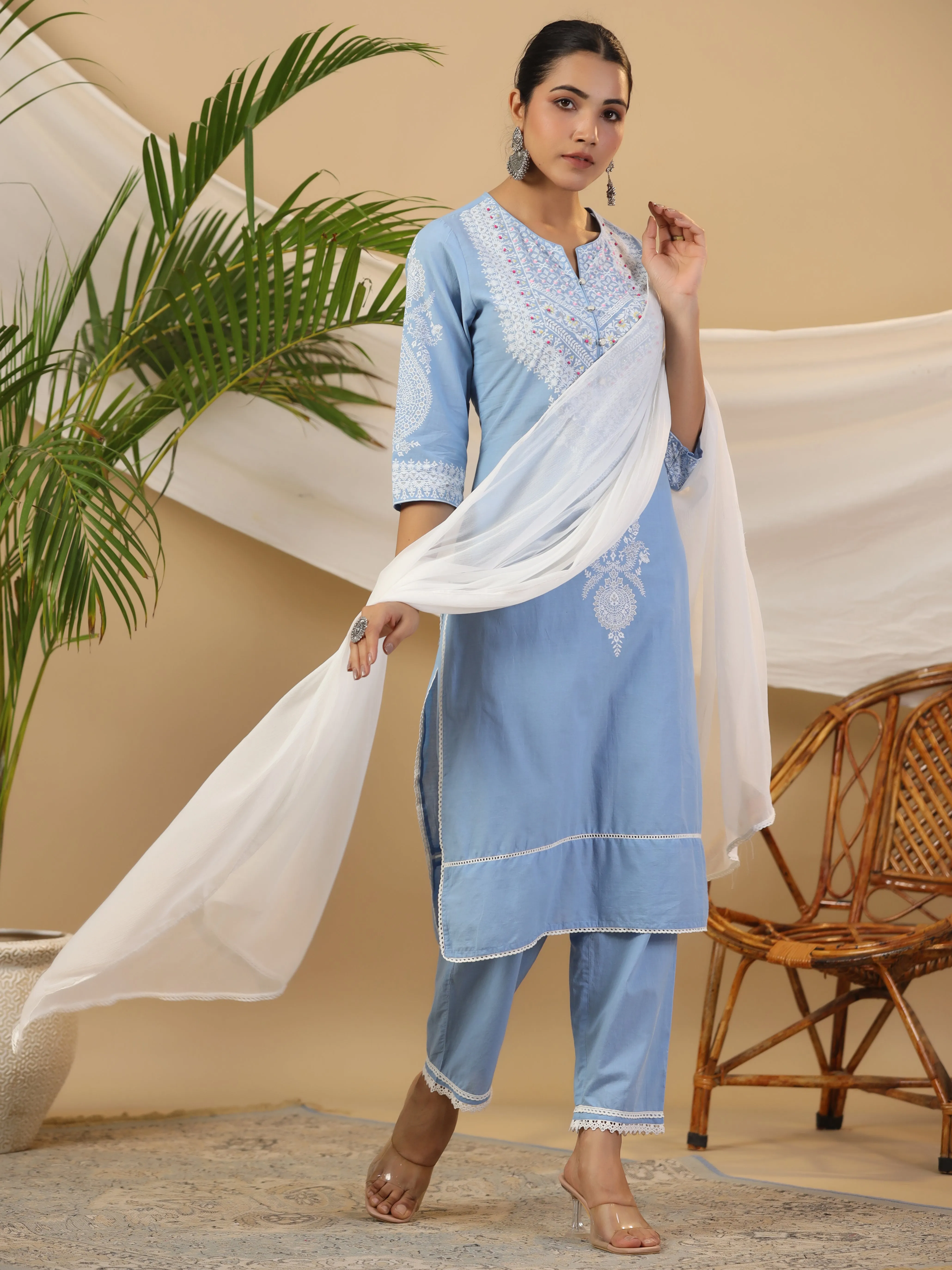 Juniper The Rooh Pure Cotton Blue Ethnic Motif Print Kurta With Pants & Dupatta Set With Bead & Sequin Work