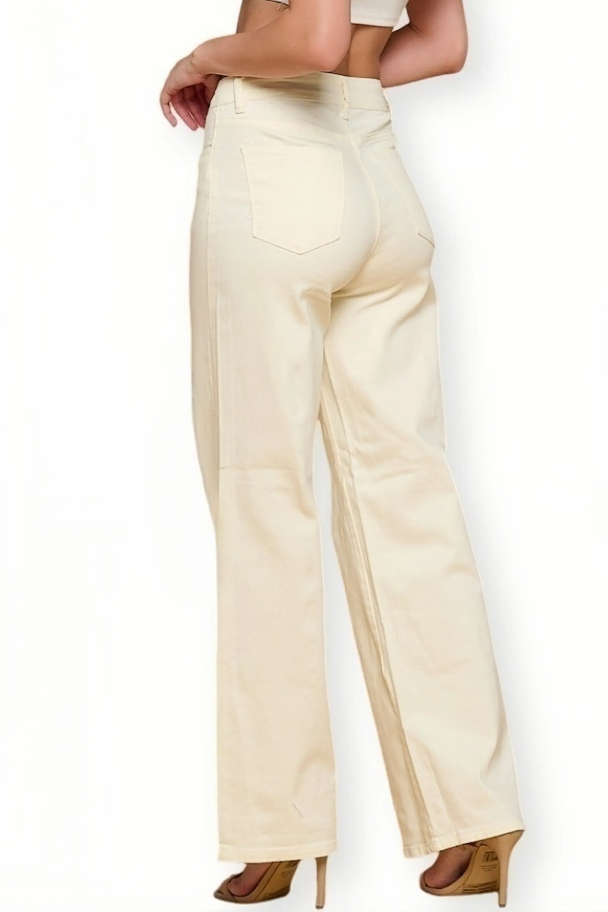 LVB-200 IVORY HIGH WAISTED SUPER-STRETCH COLORED WIDE LEG JEANS