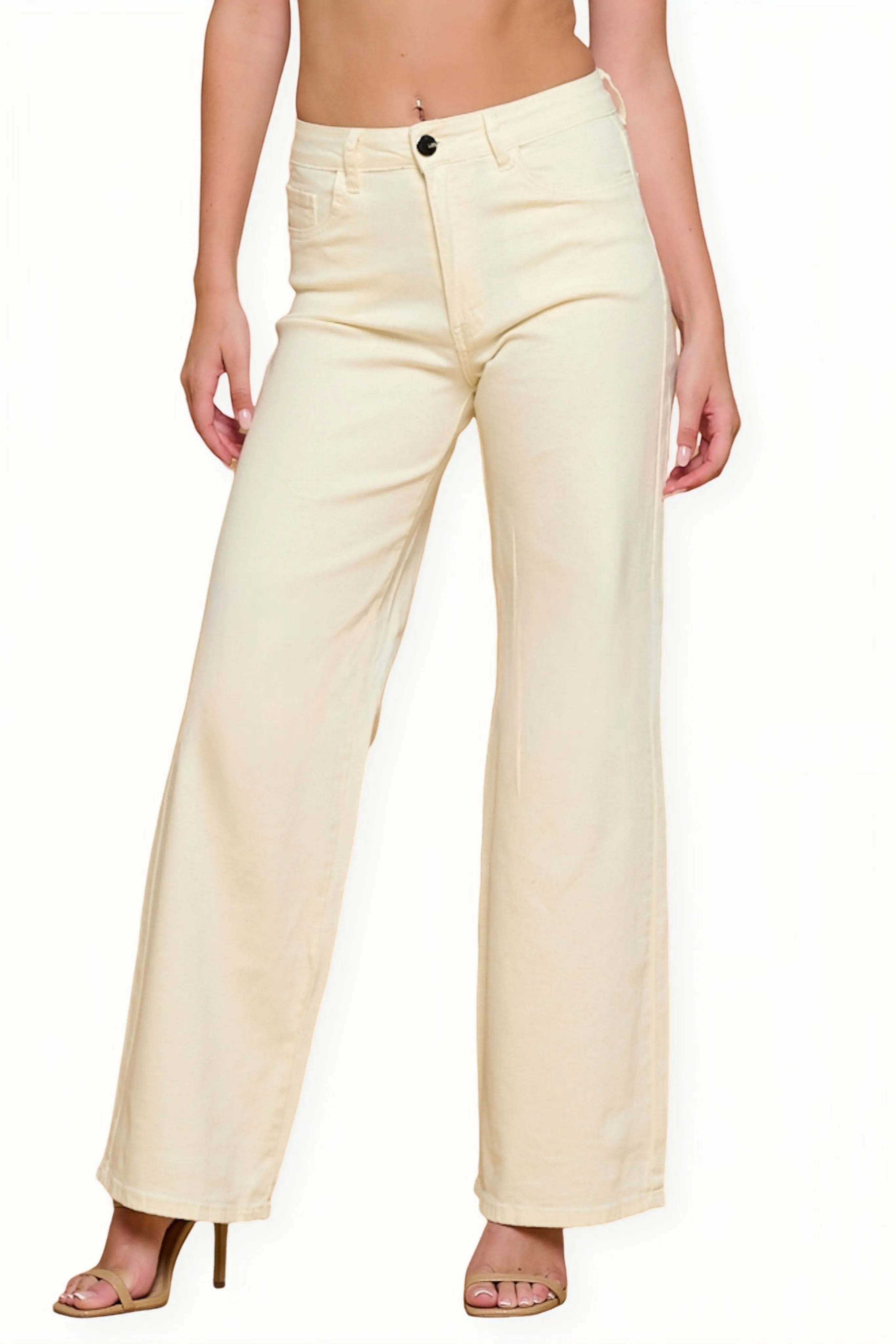 LVB-200 IVORY HIGH WAISTED SUPER-STRETCH COLORED WIDE LEG JEANS