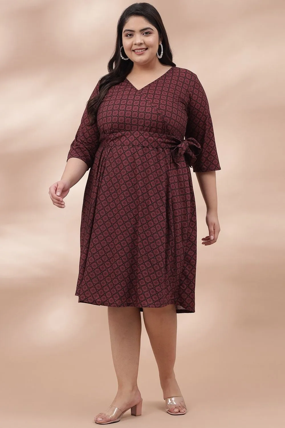 Maroon Printed True Wrap Dress