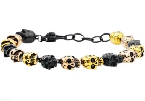 Mens Adjustable Tri Tone Stainless Steel Skull Chain Bracelet