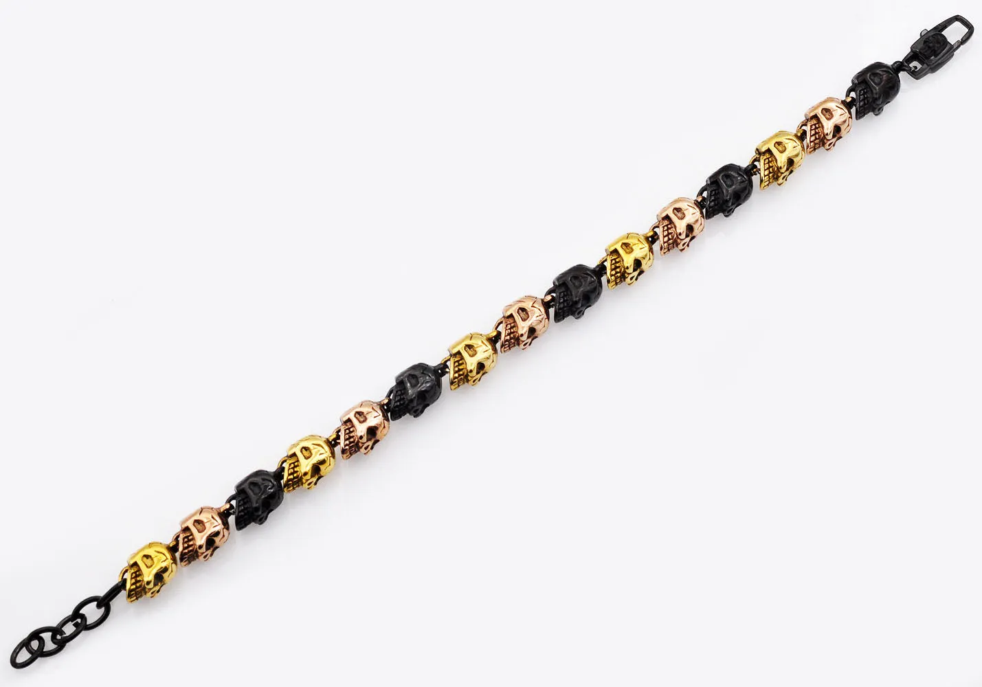 Mens Adjustable Tri Tone Stainless Steel Skull Chain Bracelet