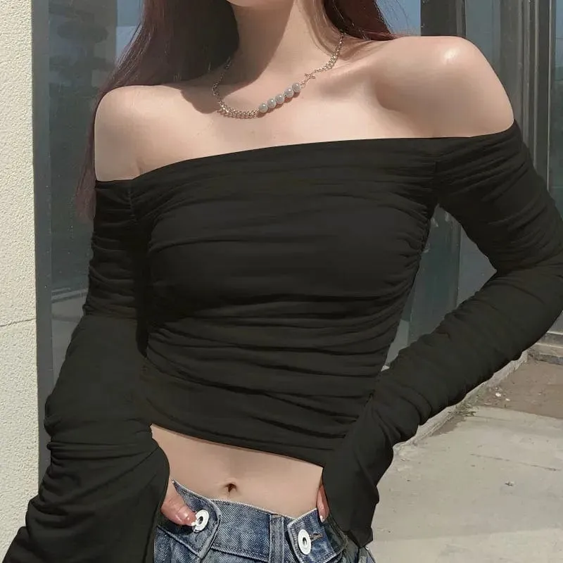 Off-Shoulder Mesh Ruched Long Sleeve Crop Top - Sexy Bodycon Streetwear Elegance