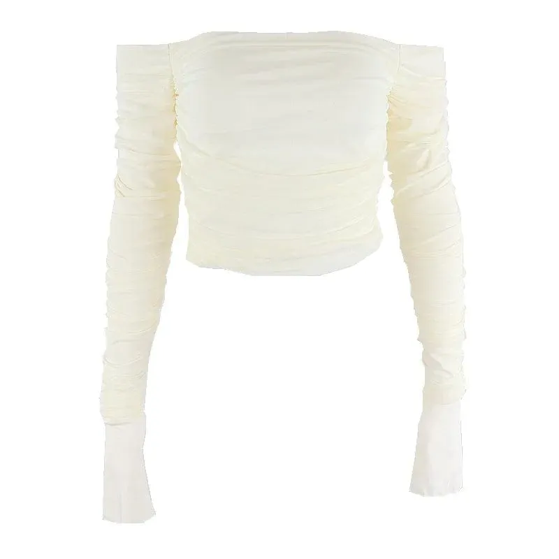 Off-Shoulder Mesh Ruched Long Sleeve Crop Top - Sexy Bodycon Streetwear Elegance