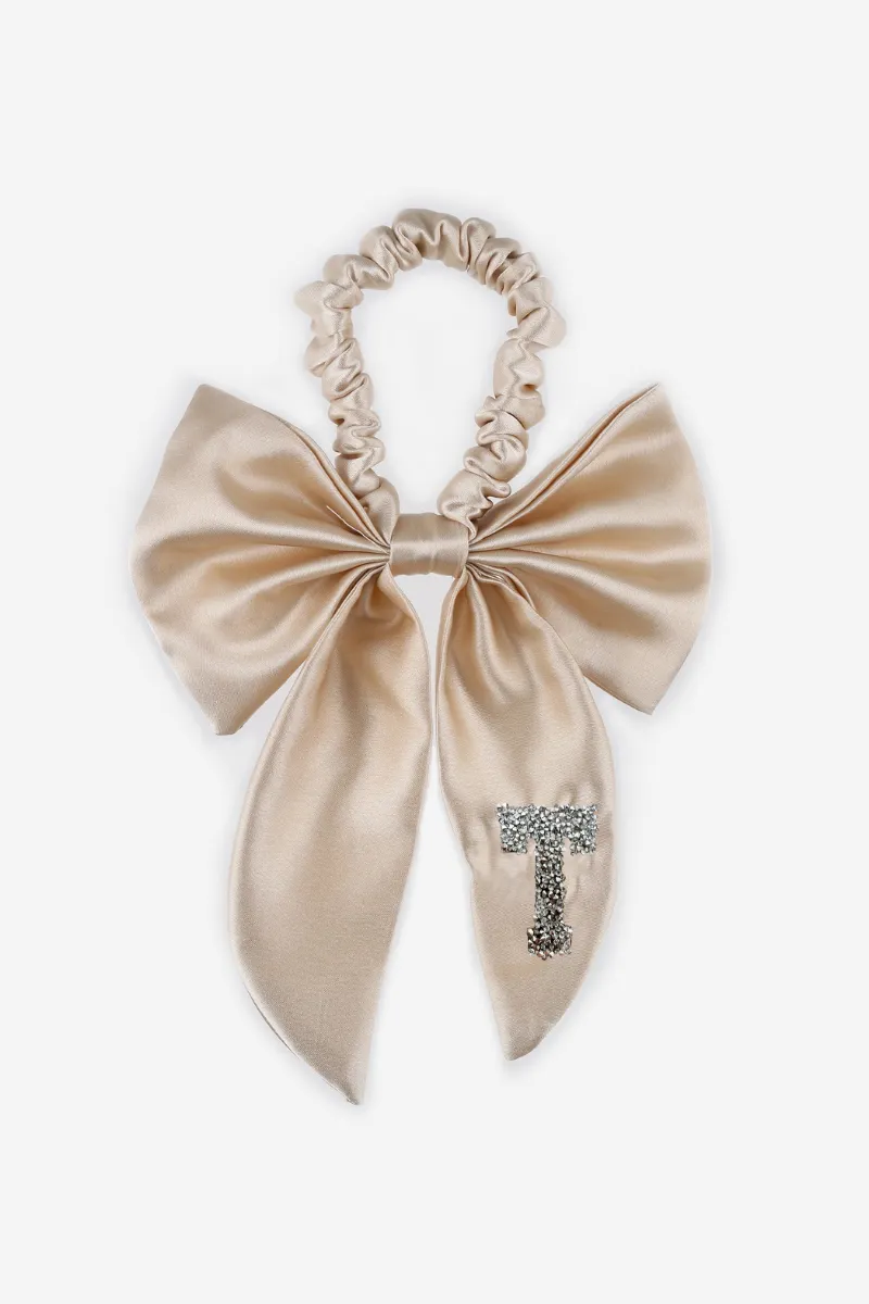 Personalised Bridal Luxury Satin Hair Bow Scrunchie With Initial Letter Embellishment - Nude