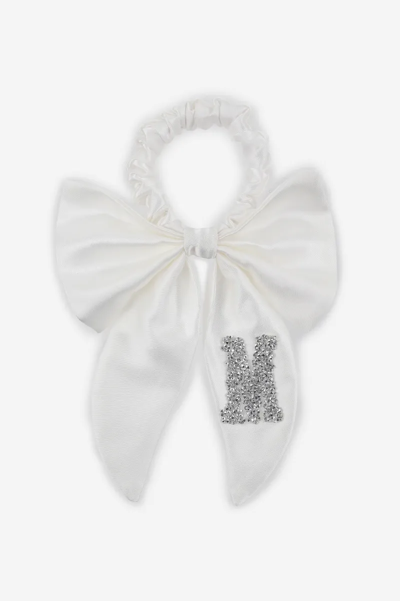 Personalised Bridal Luxury Satin Hair Bow Scrunchie With Initial Letter Embellishment - White