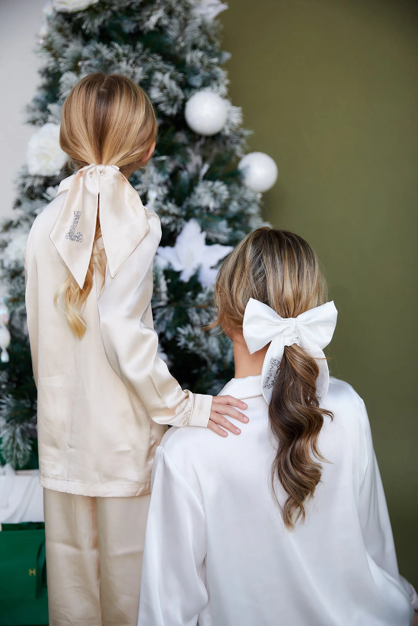 Personalised Bridal Luxury Satin Hair Ribbon Scrunchie With Initial Letter Embellishment - Nude