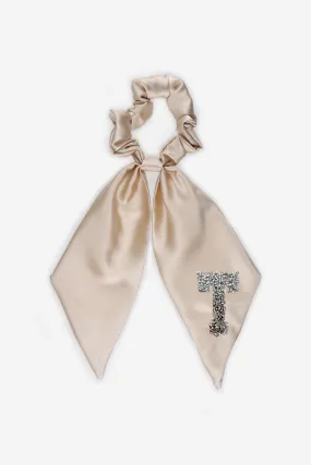 Personalised Bridal Luxury Satin Hair Ribbon Scrunchie With Initial Letter Embellishment - Nude