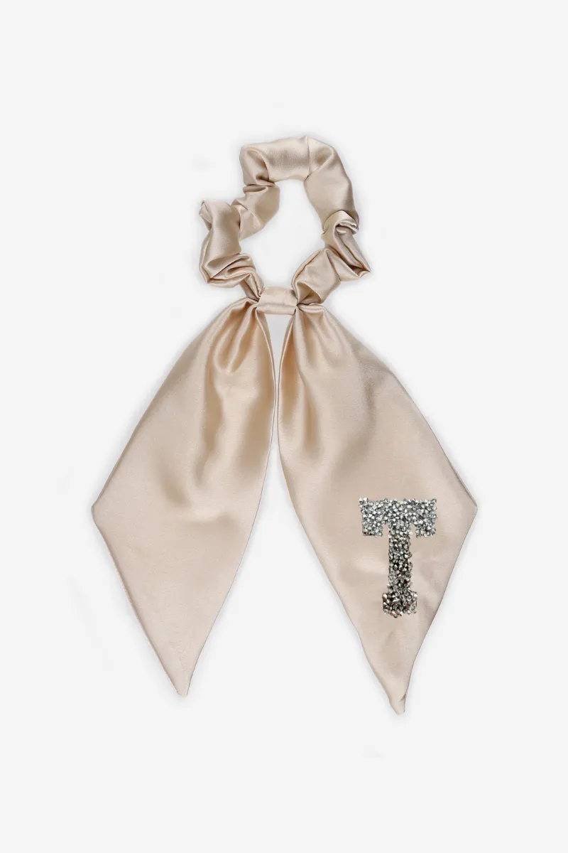 Personalised Bridal Luxury Satin Hair Ribbon Scrunchie With Initial Letter Embellishment - Nude