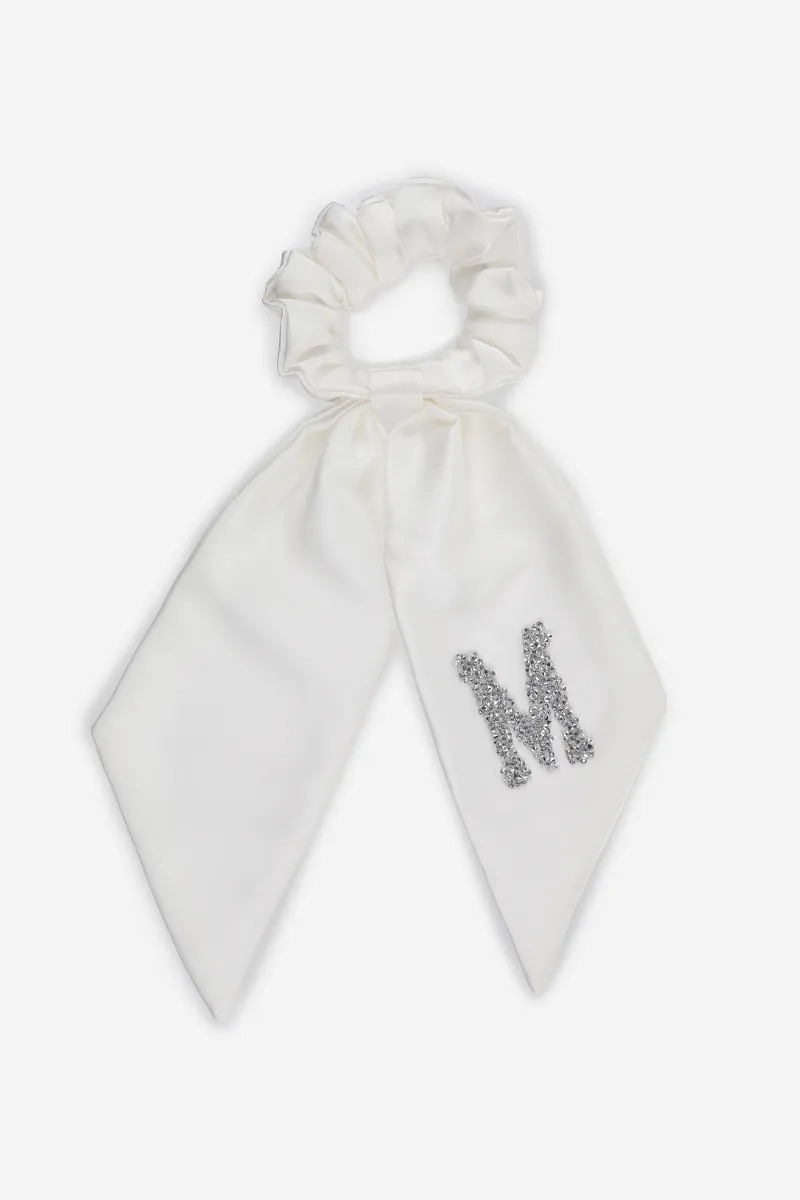 Personalised Bridal Luxury Satin Hair Ribbon Scrunchie With Initial Letter Embellishment - White