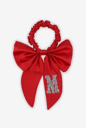 Personalised Christmas Satin Hair Bow Scrunchie With Initial Letter Embellishment - Red