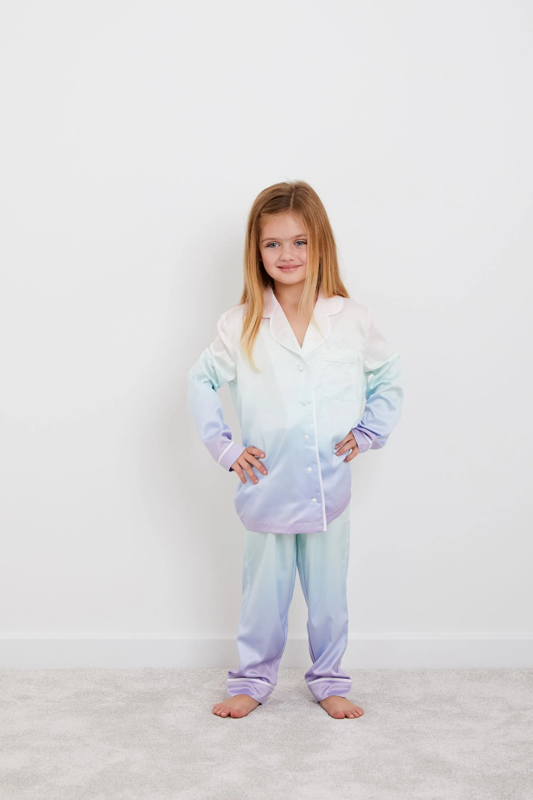 Personalised Girls Satin Long Sleeve Pyjama Set - Rainbow