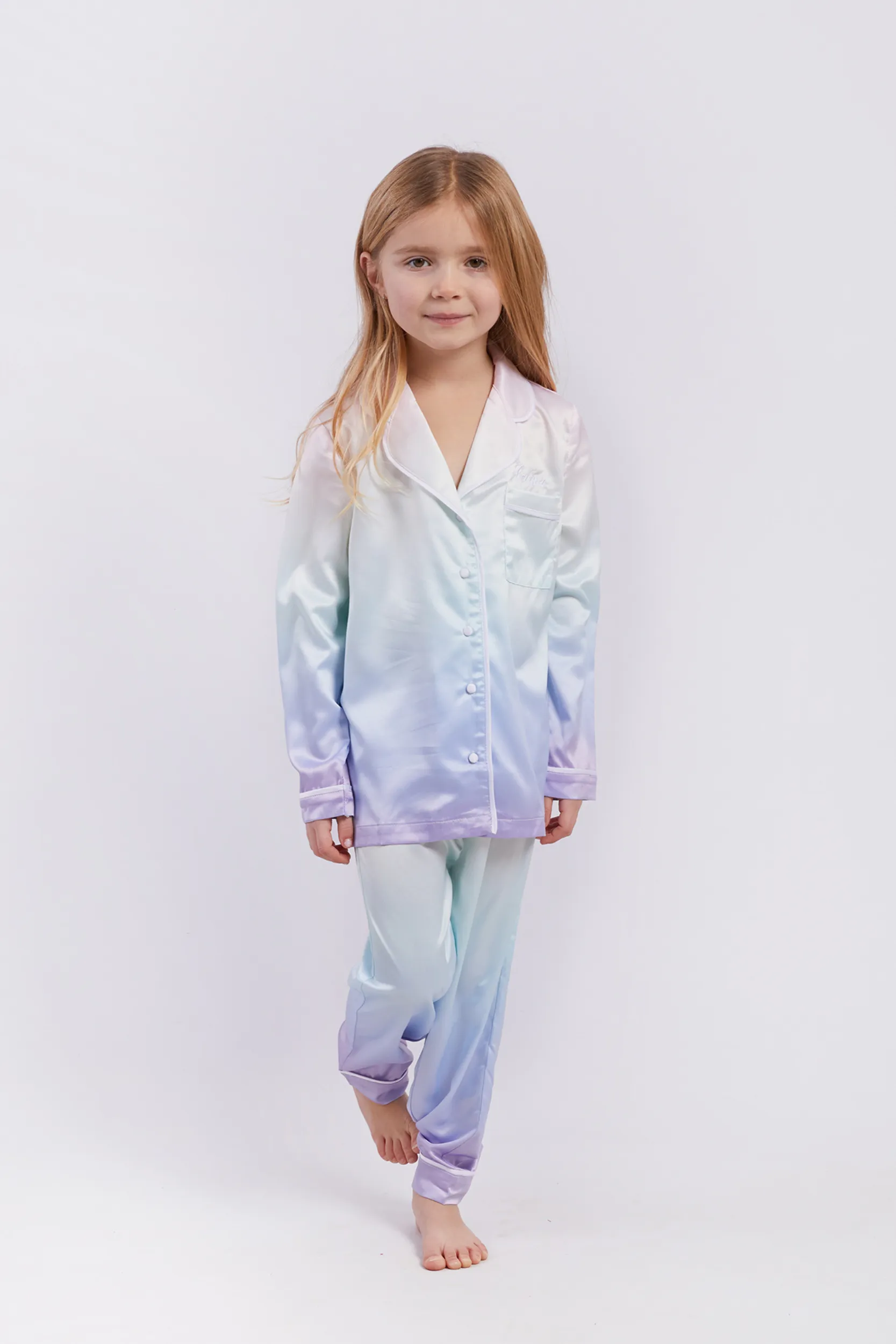 Personalised Girls Satin Long Sleeve Pyjama Set - Rainbow