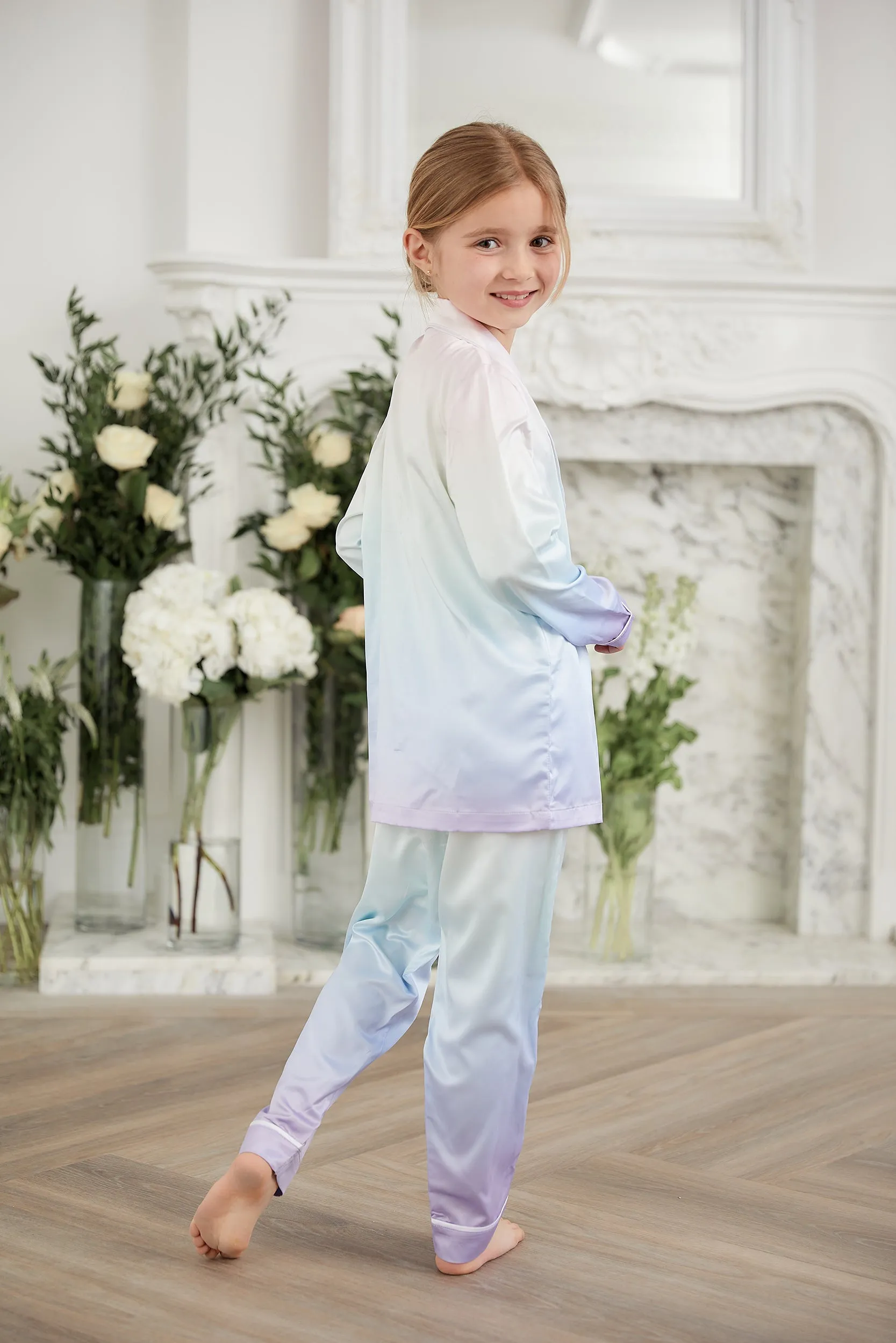 Personalised Girls Satin Long Sleeve Pyjama Set - Rainbow