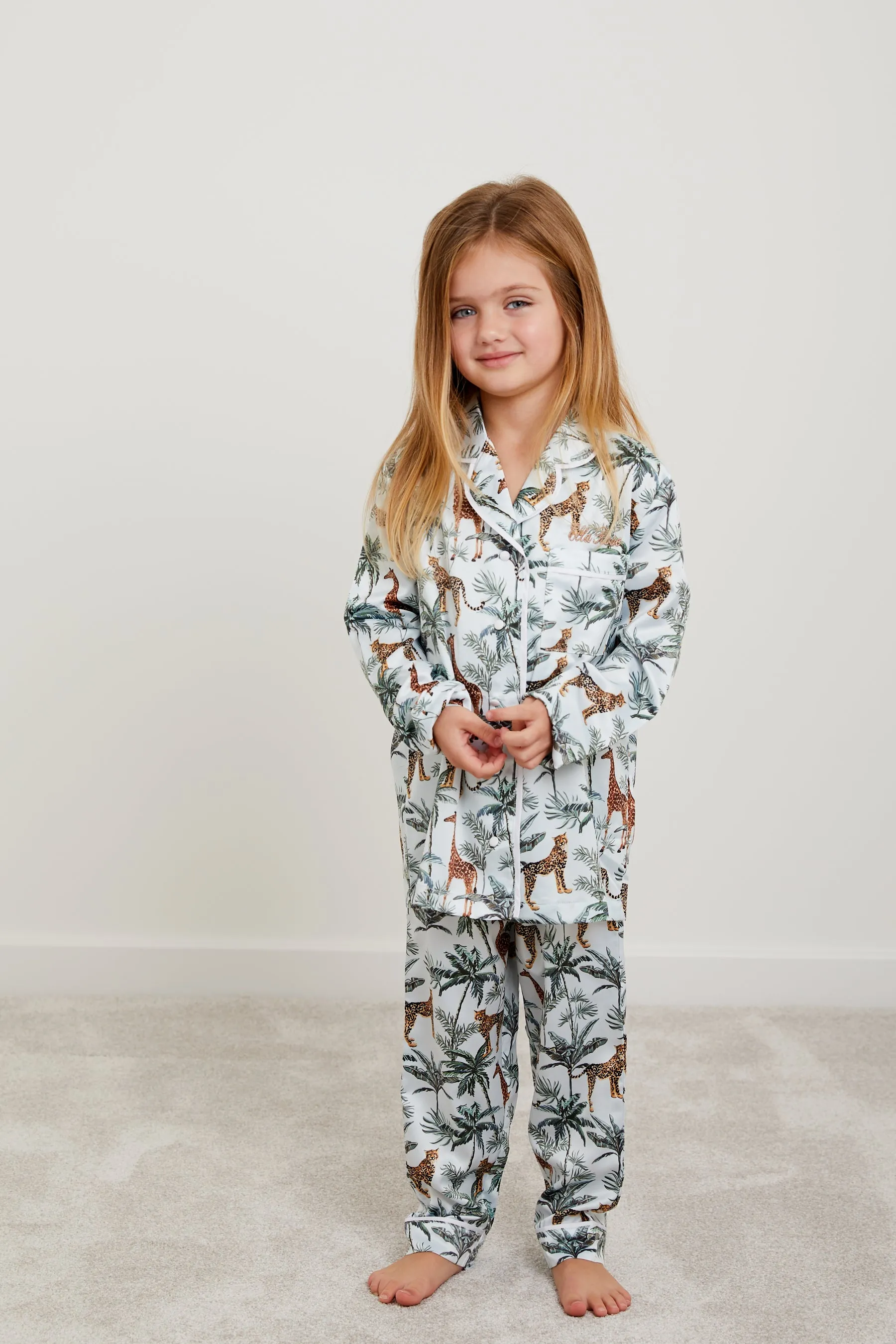 Personalised Girls Satin Long Sleeve Pyjama Set - Safari