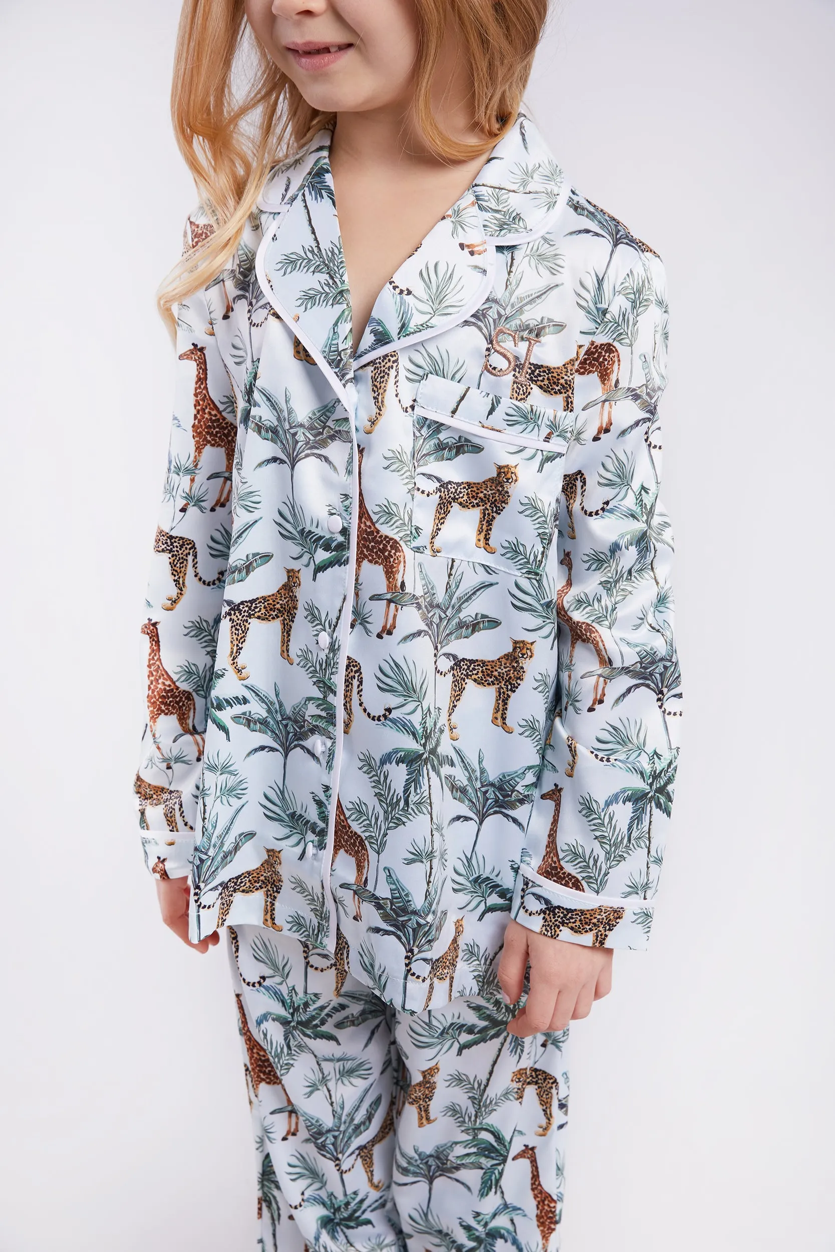 Personalised Girls Satin Long Sleeve Pyjama Set - Safari