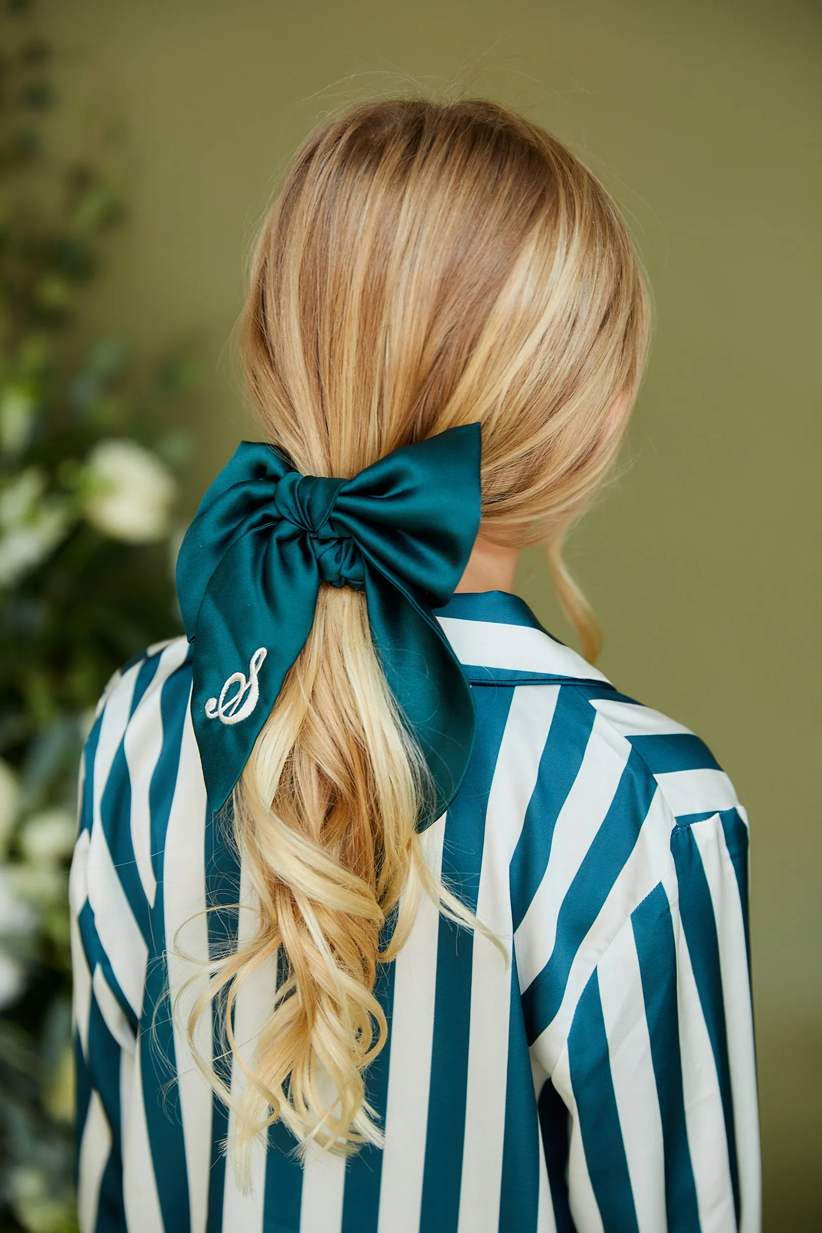 Personalised Luxury Satin Hair Bow Scrunchie - Forest Green