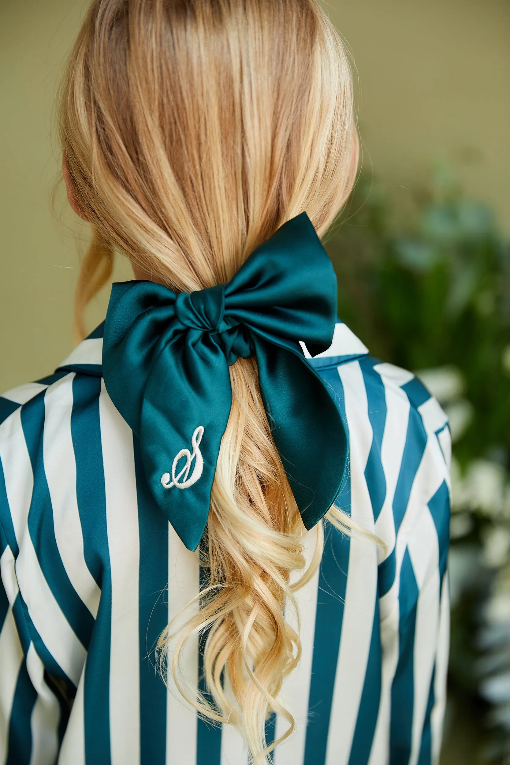 Personalised Luxury Satin Hair Bow Scrunchie - Forest Green