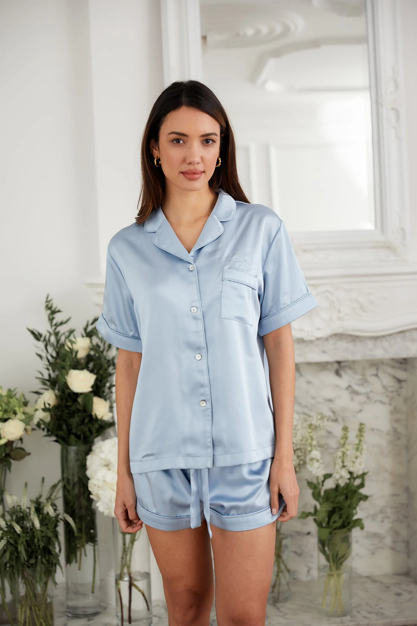 Personalised Luxury Satin Short Sleeve Pyjama Set - Sky Blue