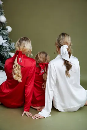 Personalised Satin Hair Ribbon Scrunchie With Initial Letter Embellishment - Red
