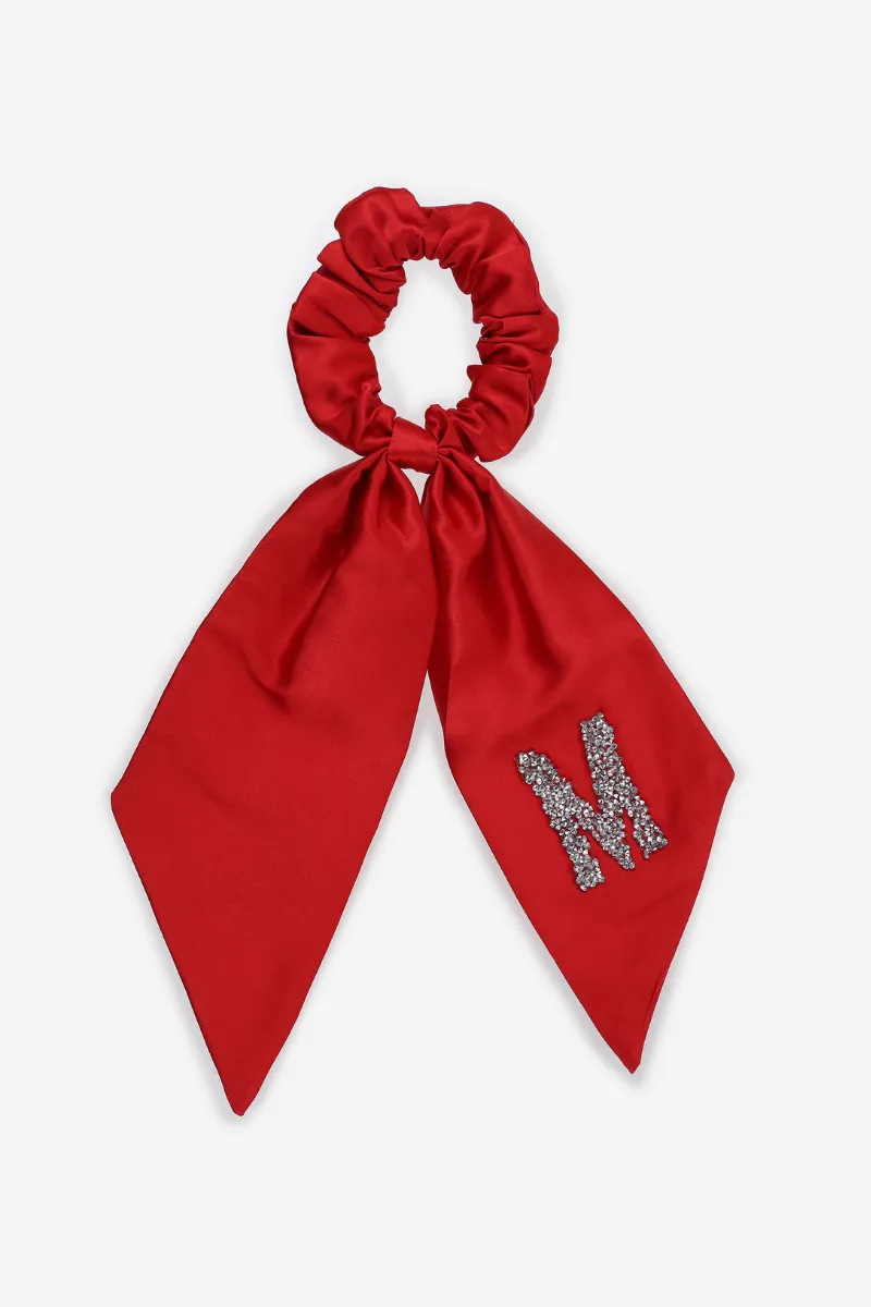 Personalised Satin Hair Ribbon Scrunchie With Initial Letter Embellishment - Red
