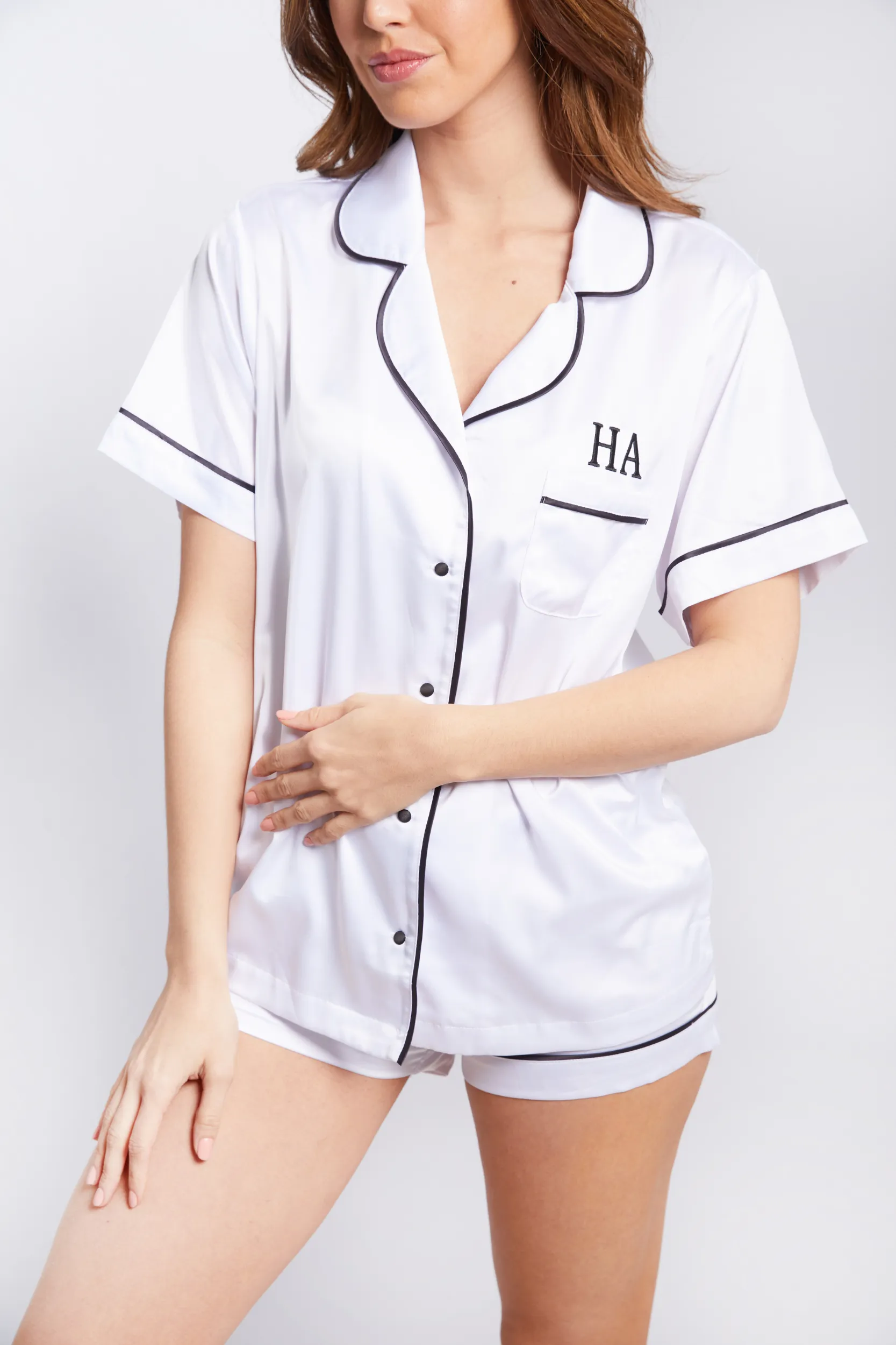 Personalised Satin Short Sleeve Pyjama Set - White