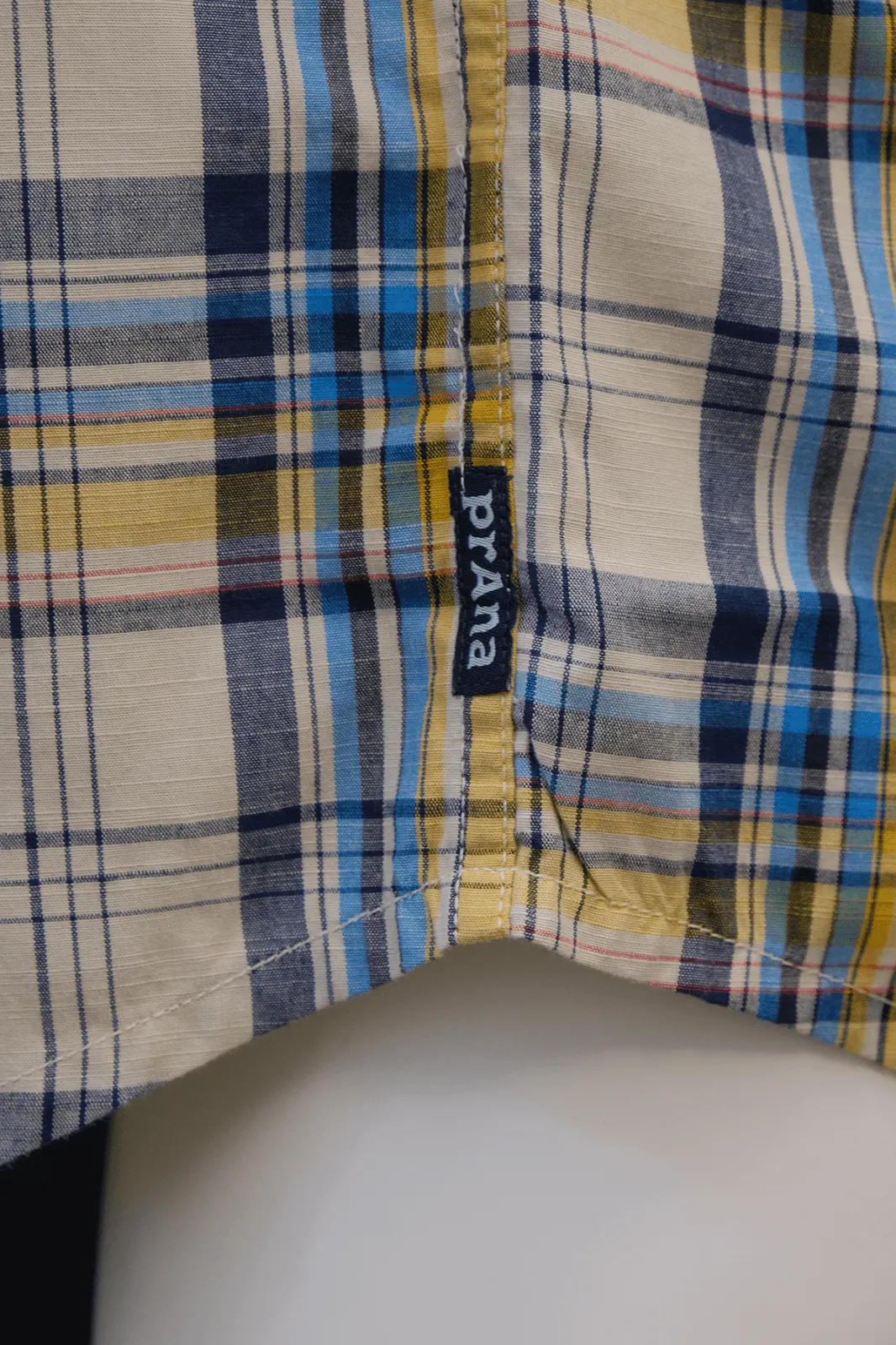 prAna Men's Mustard Blue Beige Plaid S/S Woven Shirt (S26)