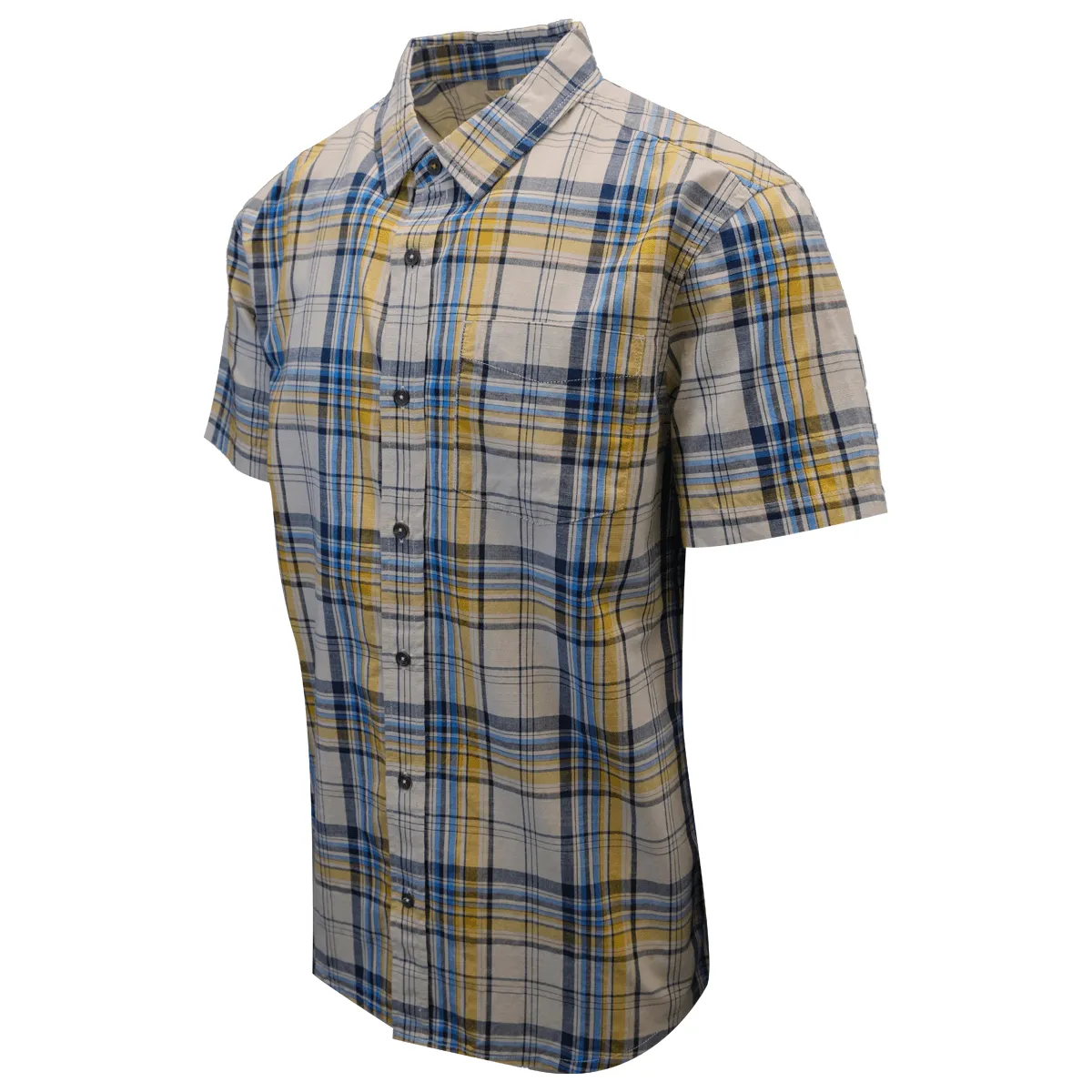 prAna Men's Mustard Blue Beige Plaid S/S Woven Shirt (S26)