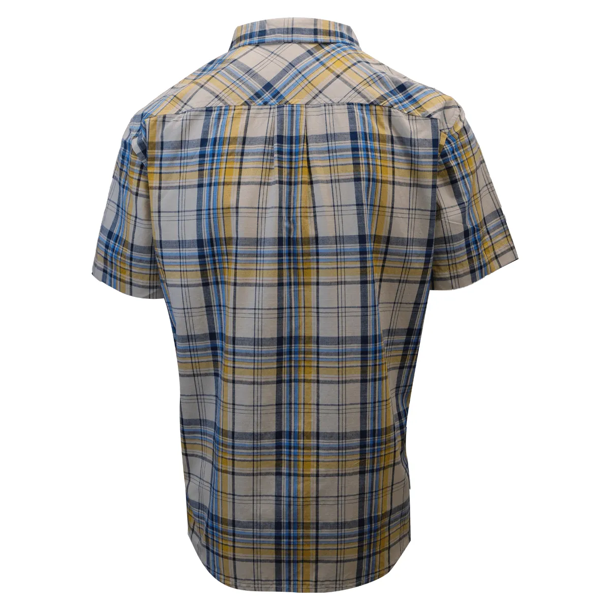 prAna Men's Mustard Blue Beige Plaid S/S Woven Shirt (S26)