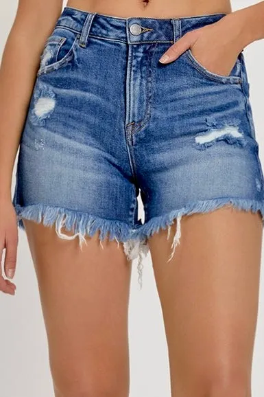 Risen High Rise Frayed & Distressed Shorts- Medium Wash