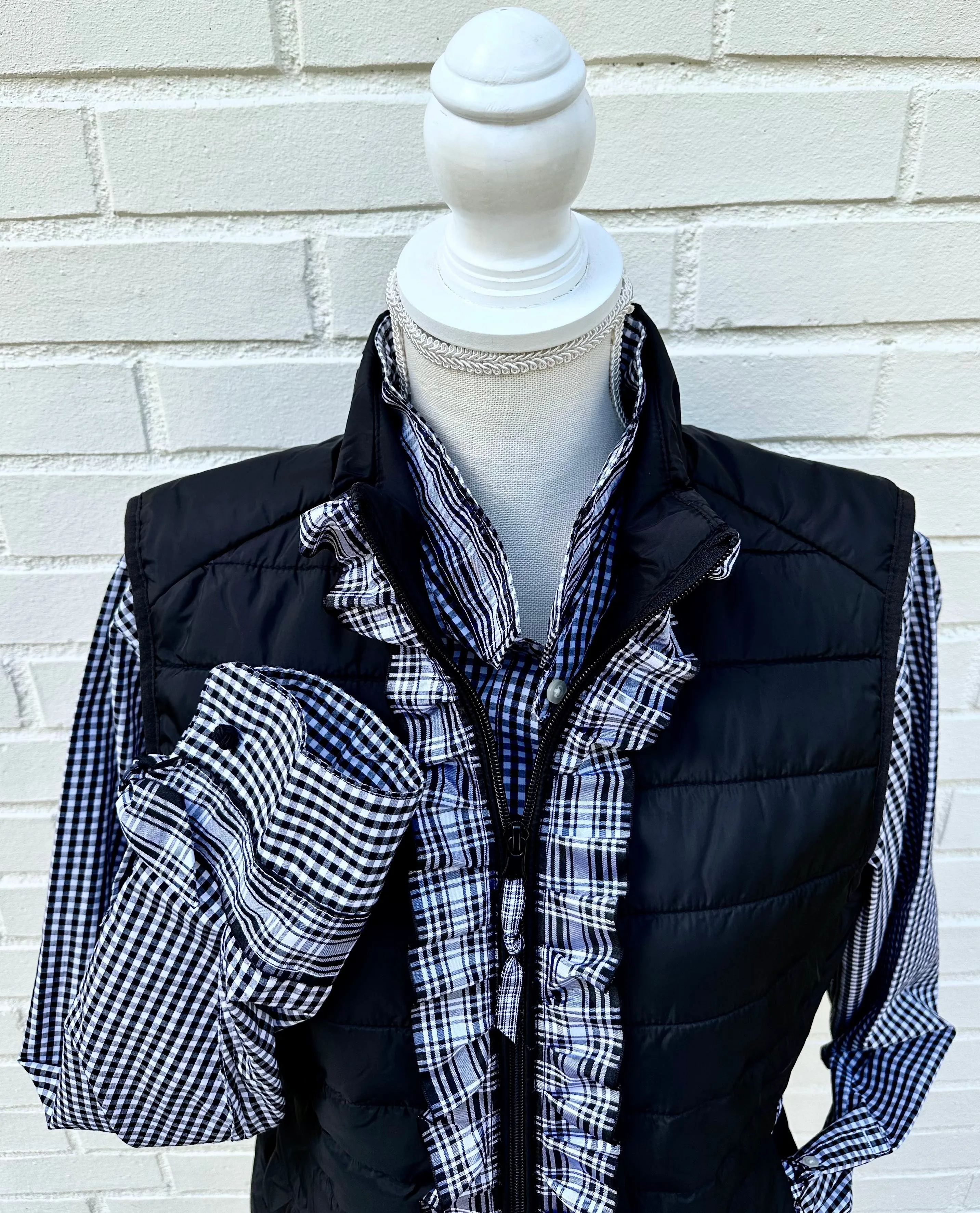 SALE - Audrey Black Gingham Ribbon French Cuff Shirt  (RFC24) *FINAL SALE*