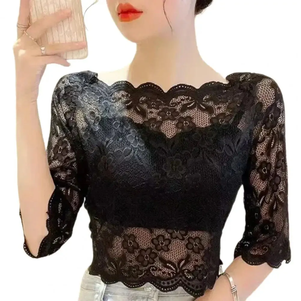 Summer Floral Lace Blouse Black White Long Sleeve Top Sexy Female T-Shirt Transparent Cropped Tops Tee Tops Slim Ladies T-Shirts