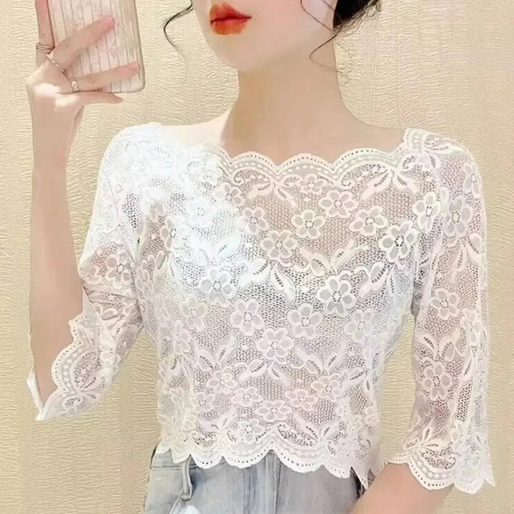 Summer Floral Lace Blouse Black White Long Sleeve Top Sexy Female T-Shirt Transparent Cropped Tops Tee Tops Slim Ladies T-Shirts