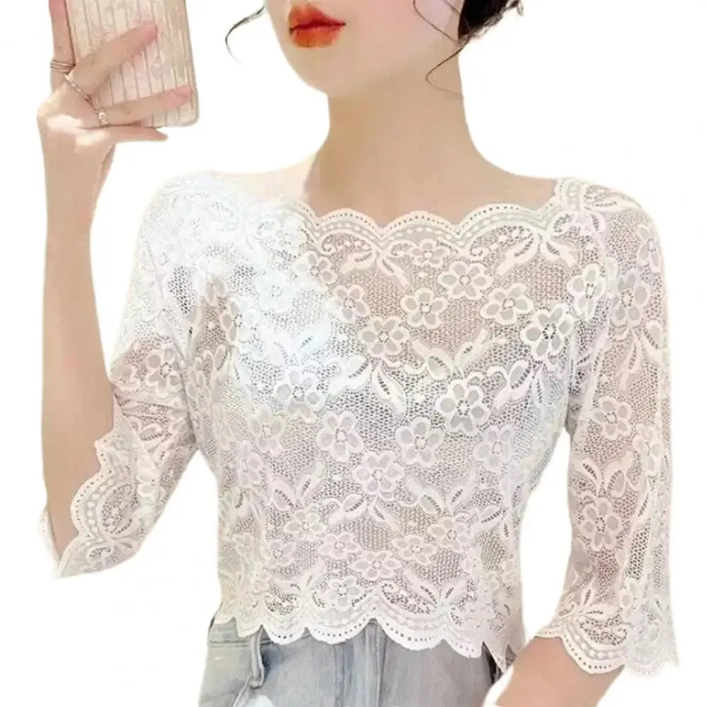 Summer Floral Lace Blouse Black White Long Sleeve Top Sexy Female T-Shirt Transparent Cropped Tops Tee Tops Slim Ladies T-Shirts
